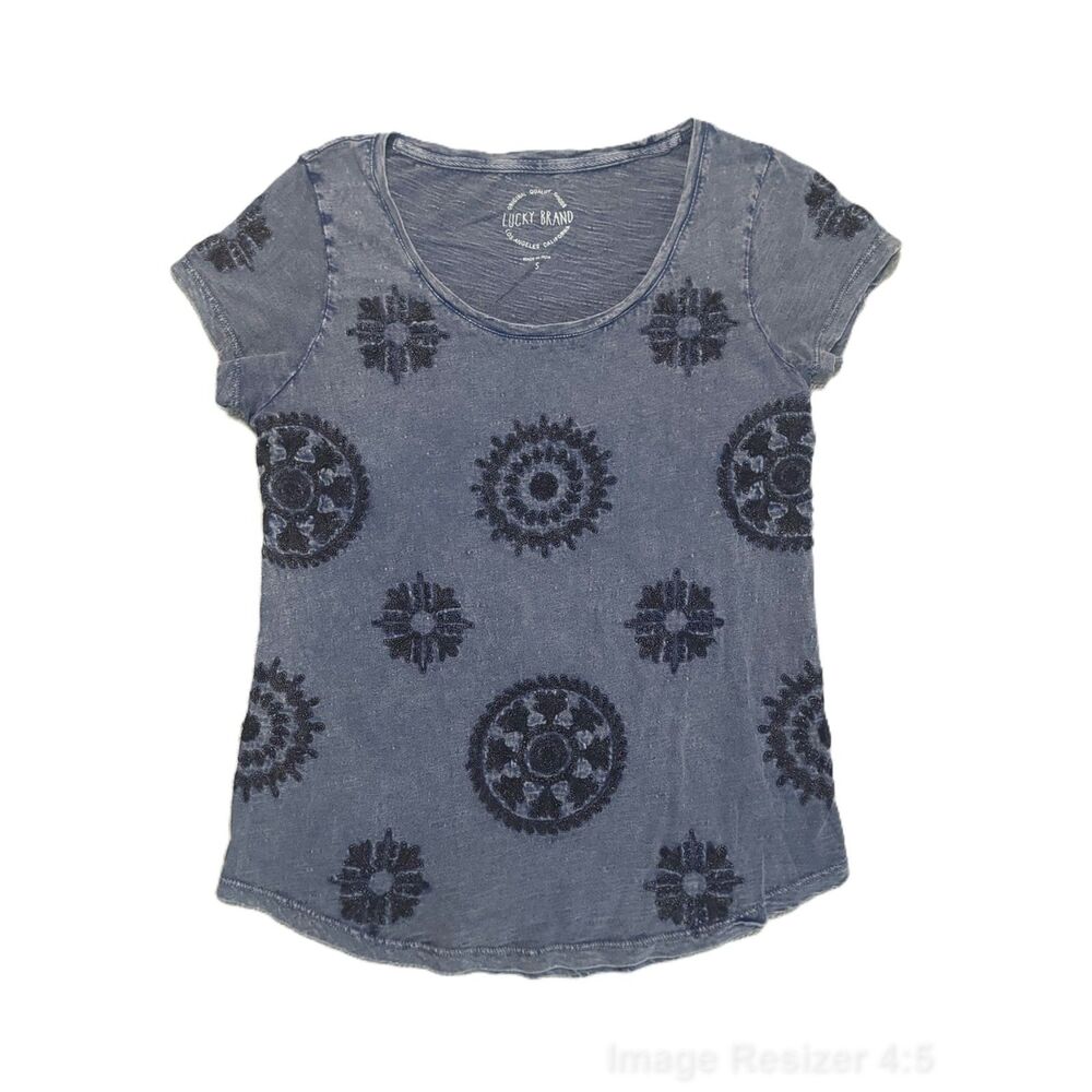 Lucky Brand T Shirt S Blue Black Embroidered Bohemian Pattern Short Sleeve Top